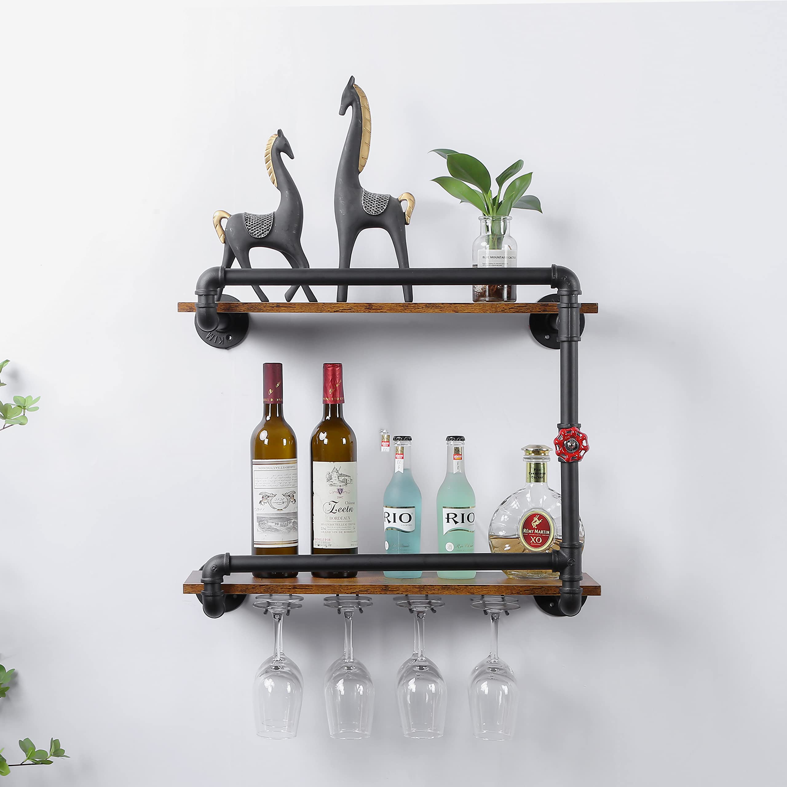 POLUNCA Wine Rack Wall Mounted 2 Tier, Industrial Pipe Decor, Black Wine Shelf Rack with Glass Holder, Perfect for Kitchen, Bar, Restaurant, 23.6x10.6x19.7 inches