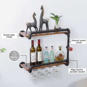 POLUNCA Wine Rack Wall Mounted 2 Tier, Industrial Pipe Decor, Black Wine Shelf Rack with Glass Holder, Perfect for Kitchen, Bar, Restaurant, 23.6x10.6x19.7 inches