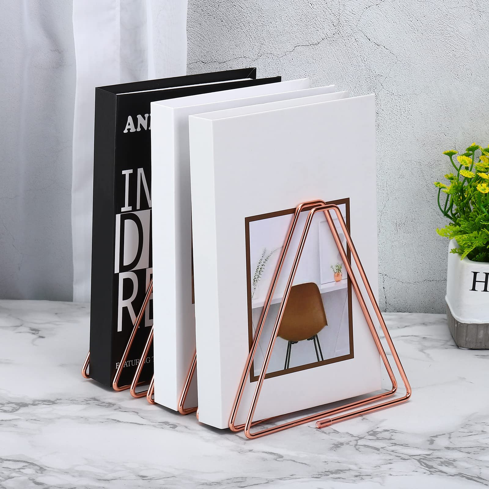 PATIKIL Triangle Desktop File Holder Rack, Metal Vinyl Record Stand Holder Office File Organizer Triangle Bookshelf Decor for Desk Office Decor Rose Gold