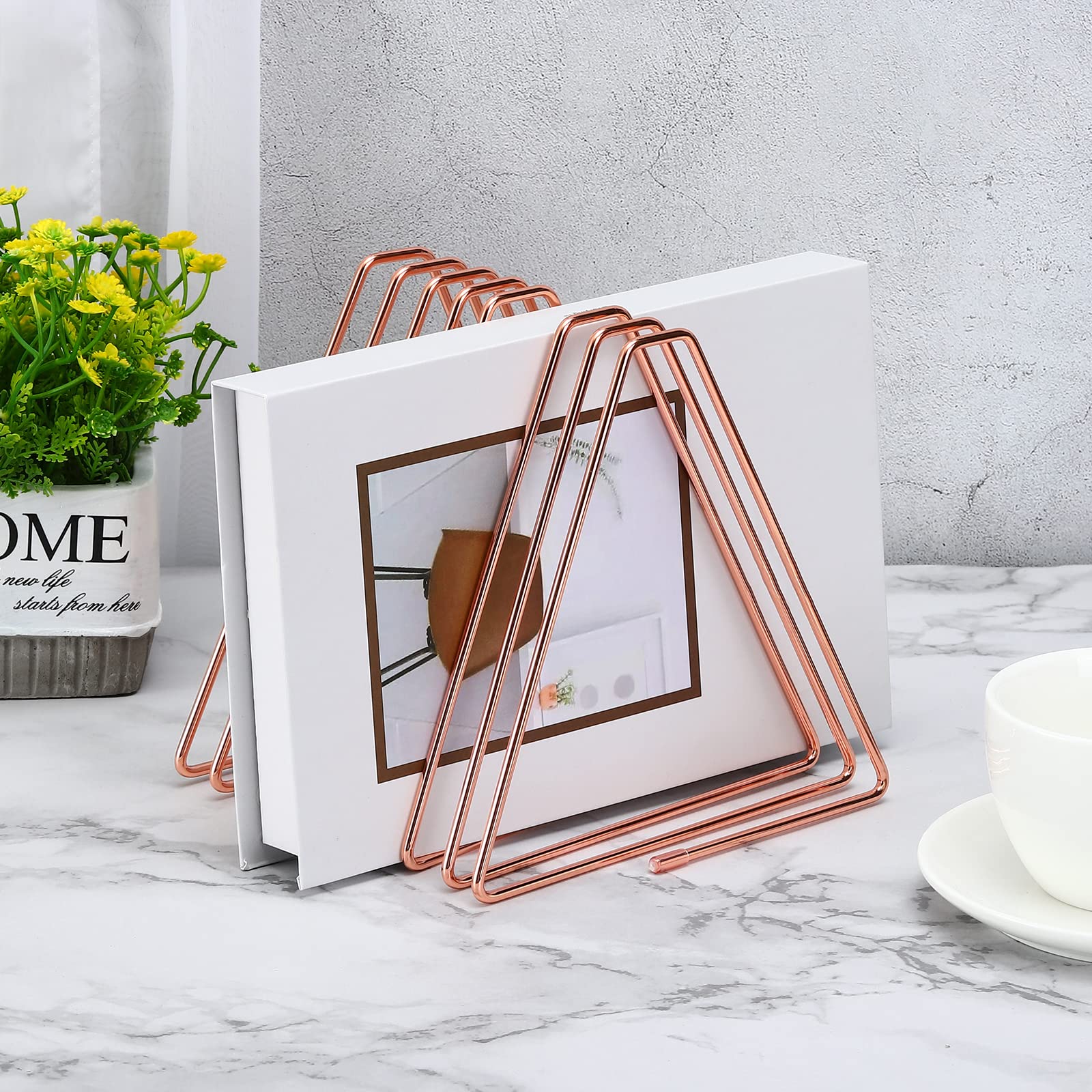 PATIKIL Triangle Desktop File Holder Rack, Metal Vinyl Record Stand Holder Office File Organizer Triangle Bookshelf Decor for Desk Office Decor Rose Gold