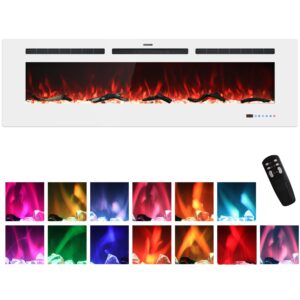 velaychimney 60" electric fireplace inserts, recessed and wall mounted fireplace heater with 13 flame & fuel bed colors, remote & touch screen, timer, logs & crystals, 750/1500w, white