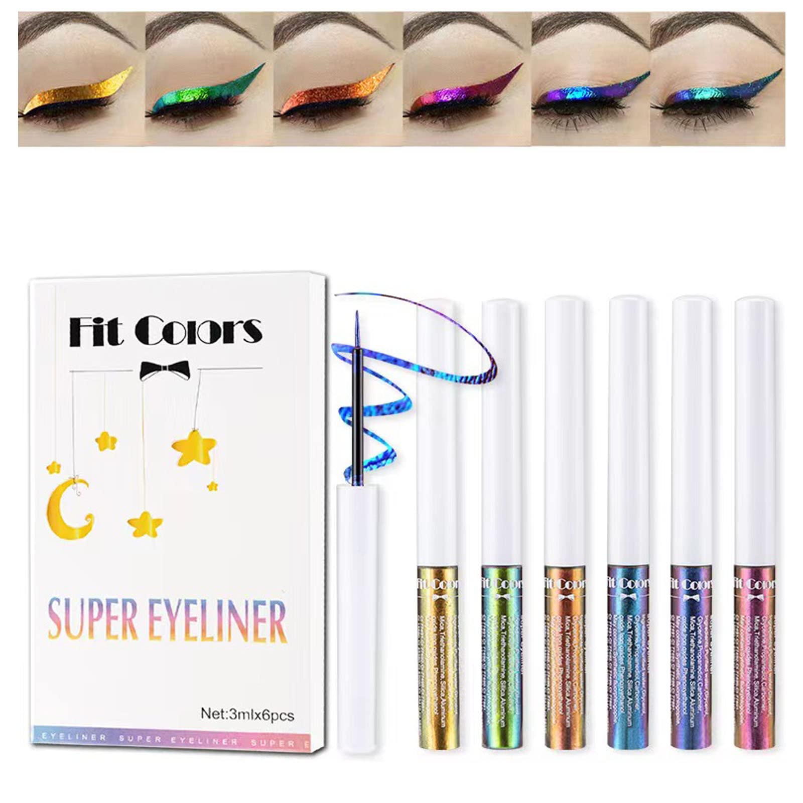 Chameleon Eyeliner Pen 6pcs Multichrome Set, Glitter Metallic Waterproof liquid Eyeliner, Intense Color Blue Purple Shifting Colorful Multi-Reflective Eyeliner, Smudge-proof, Ultra-Fine Tip