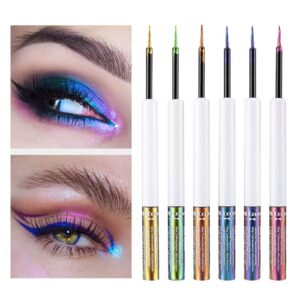 Chameleon Eyeliner Pen 6pcs Multichrome Set, Glitter Metallic Waterproof liquid Eyeliner, Intense Color Blue Purple Shifting Colorful Multi-Reflective Eyeliner, Smudge-proof, Ultra-Fine Tip