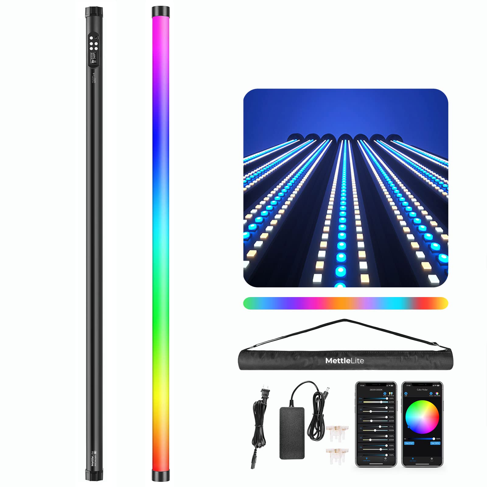 Mettlelite TLX4 RGB Tube Light LED Full Color Video Light with APP DMX Control 4 ft 2800K-8000K CRI96 TLCI97 360° RGB CCT HSI Mode 10 Customizable Light Effects Built in Rechargeable Battery