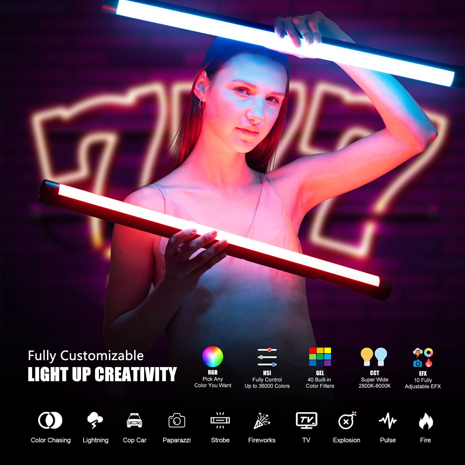 Mettlelite TLX4 RGB Tube Light LED Full Color Video Light with APP DMX Control 4 ft 2800K-8000K CRI96 TLCI97 360° RGB CCT HSI Mode 10 Customizable Light Effects Built in Rechargeable Battery