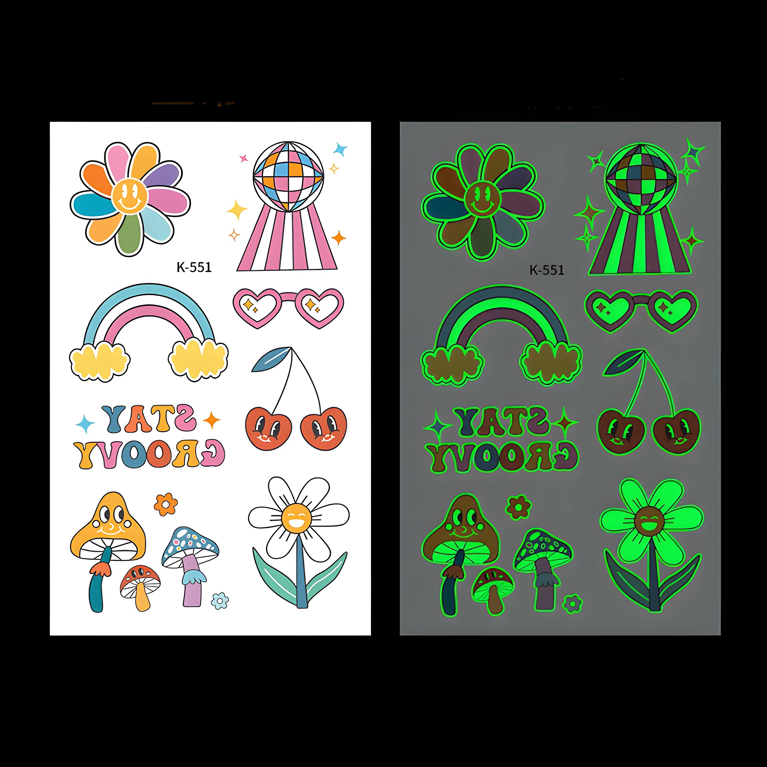 Finduat Glow In The Dark Groovy 70s Temporary Tattoos Stickers Kids Waterproof Luminous Tattoo Stickers Hippie Theme Birthday Party Supplies, Good Vibes Only Favors, Rainbow Arts and Crafts