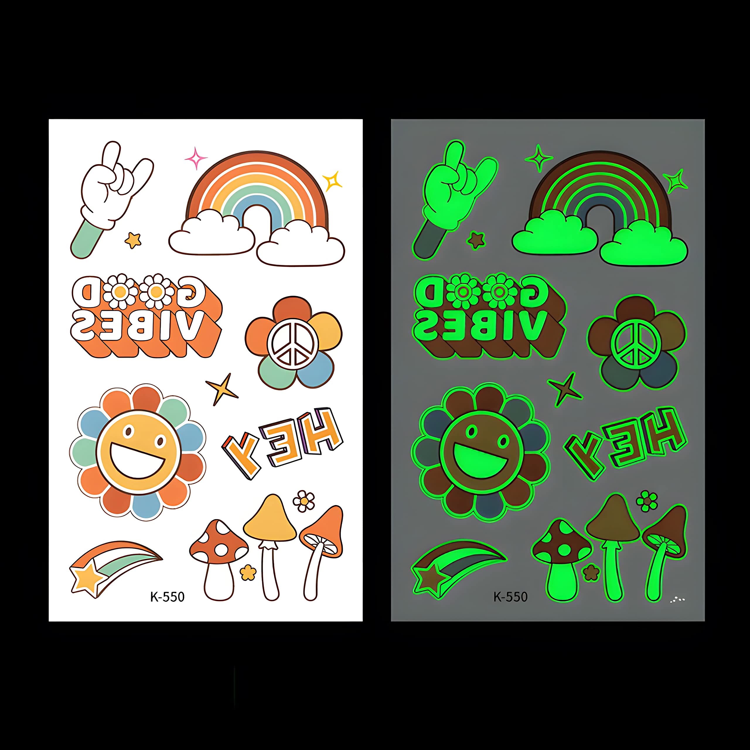 Finduat Glow In The Dark Groovy 70s Temporary Tattoos Stickers Kids Waterproof Luminous Tattoo Stickers Hippie Theme Birthday Party Supplies, Good Vibes Only Favors, Rainbow Arts and Crafts