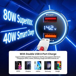 Car Charger SuperVOOC 80W for OnePlus 12R 12 11 10t 10 Pro, SuperVOOC Warp Charger for OnePlus Open Pad Nord 9 Pro 8 7T 6 6T 5 5T LED Display Dual USB Car Charger Adapter with 3.3FT USB A to C Cable