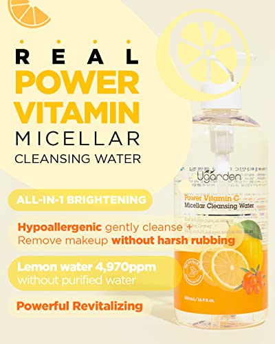 UGARDEN Power Vitamin C Micellar Cleansing Water, pH5.5 Rinse-Free Perfect Facial Makeup Remover, Hydrates & Brighten Skin, Dermatology Tested for Sensitive Skin, 16.9 fl.oz.