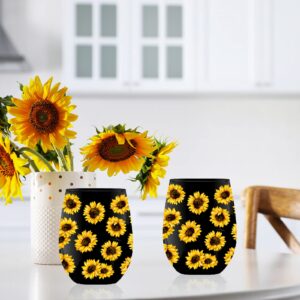 Whaline 2Pcs Sunflower Stemless Wine Glasses 17oz Black Yellow Sunflower Drinking Glasses Summer Flower Print Tumbler Cups Floral Party Cups for Summer Party Supplies Kitchen Decorations Gifts