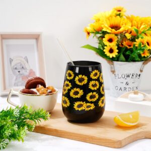 Whaline 2Pcs Sunflower Stemless Wine Glasses 17oz Black Yellow Sunflower Drinking Glasses Summer Flower Print Tumbler Cups Floral Party Cups for Summer Party Supplies Kitchen Decorations Gifts