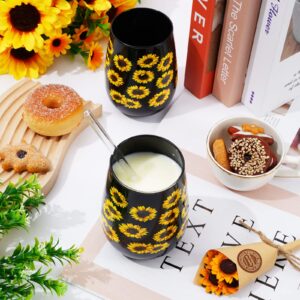 Whaline 2Pcs Sunflower Stemless Wine Glasses 17oz Black Yellow Sunflower Drinking Glasses Summer Flower Print Tumbler Cups Floral Party Cups for Summer Party Supplies Kitchen Decorations Gifts