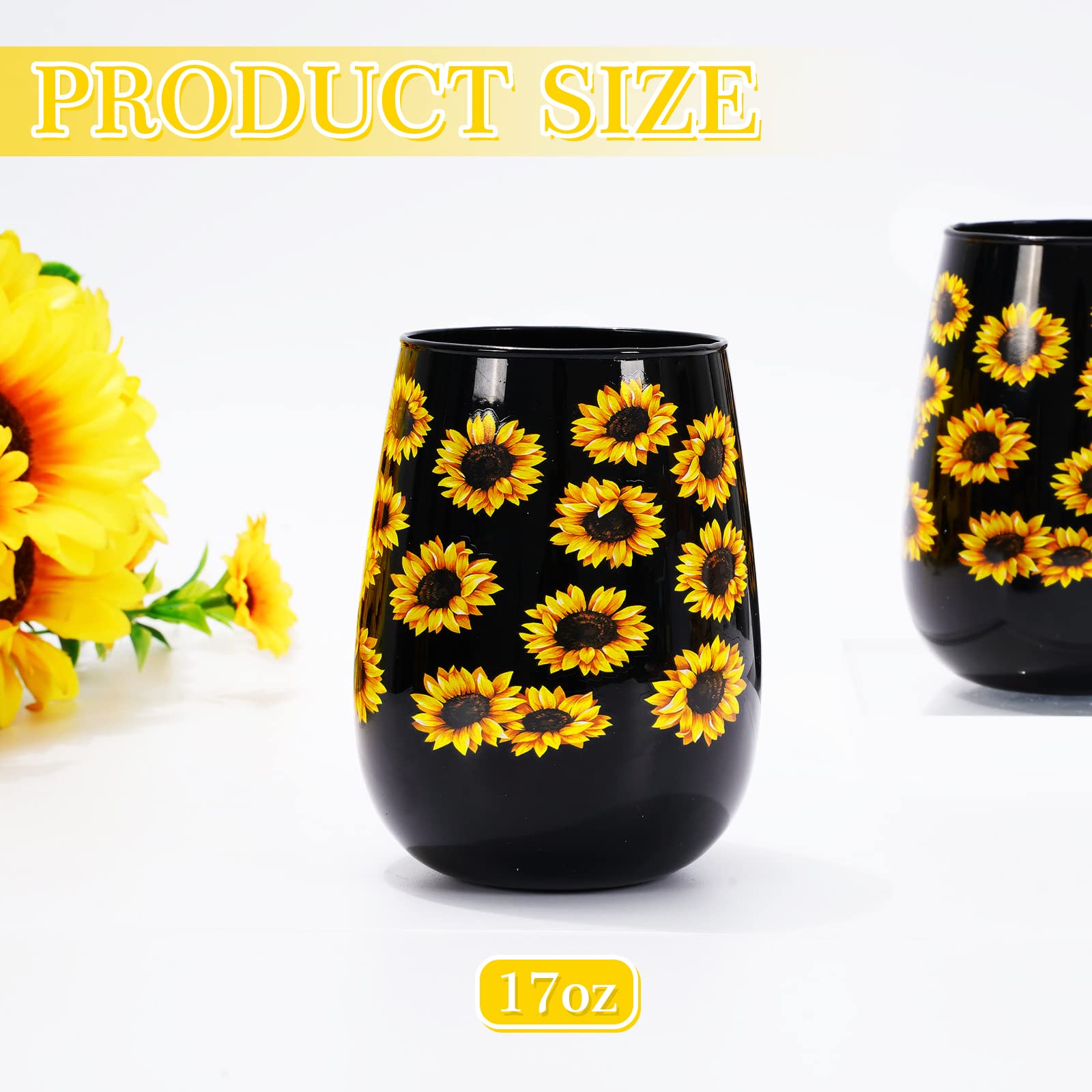 Whaline 2Pcs Sunflower Stemless Wine Glasses 17oz Black Yellow Sunflower Drinking Glasses Summer Flower Print Tumbler Cups Floral Party Cups for Summer Party Supplies Kitchen Decorations Gifts