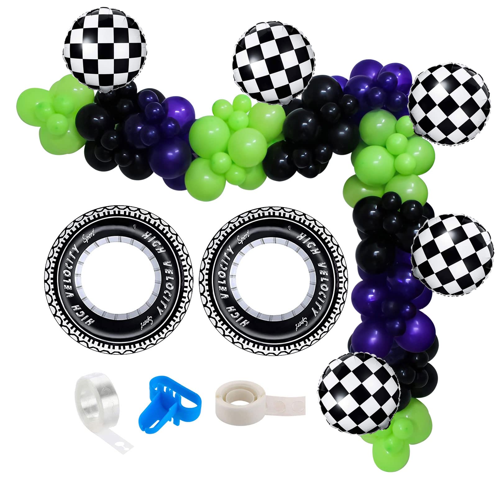 Monster Truck Theme Balloon Garland, 132pcs Black Green Dark Purple Balloon Arch with Car Wheel Balloon, Chessboard Foil Balloons for Monster Jam Theme Birthday, Baby Shower, Race Car Birthday Party