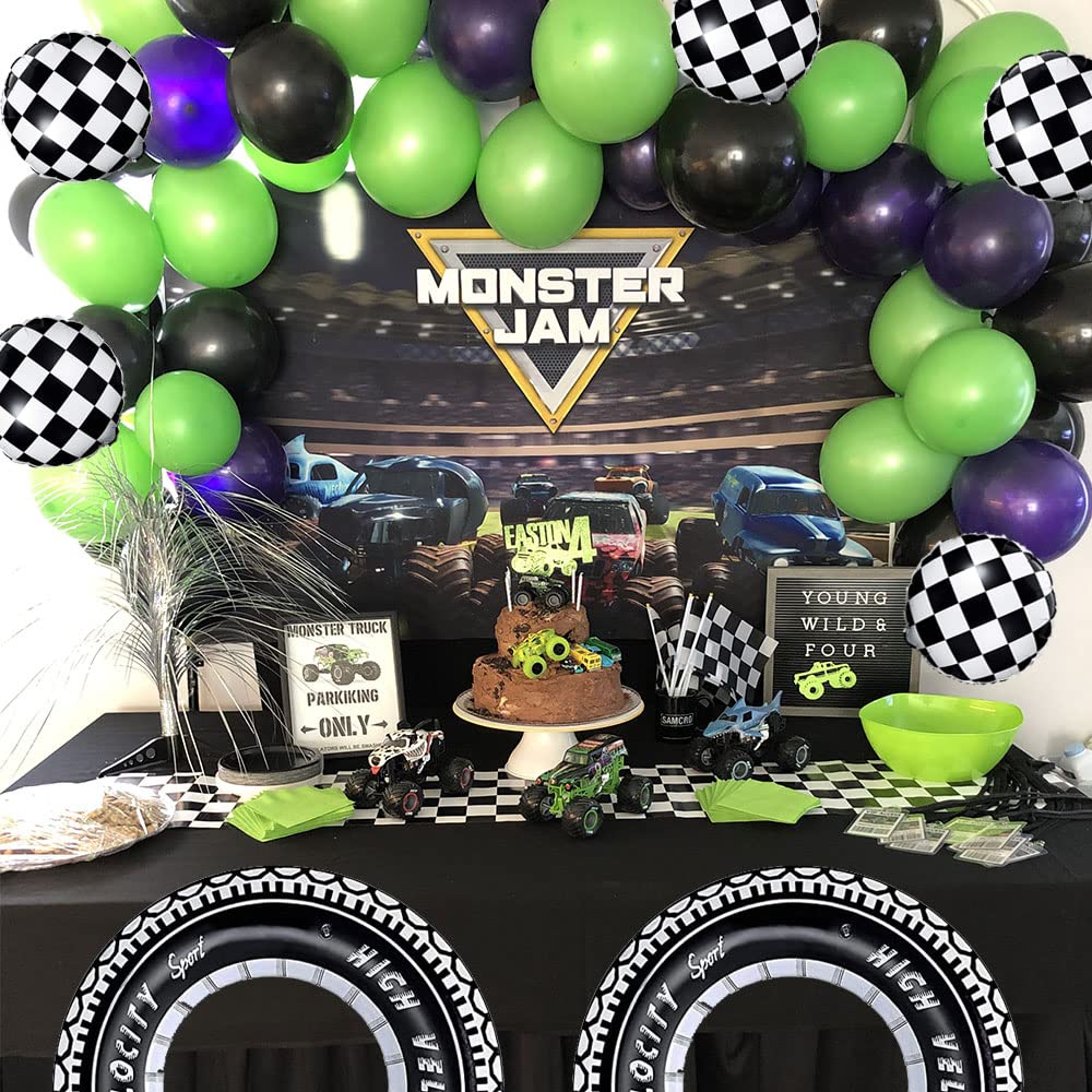 Monster Truck Theme Balloon Garland, 132pcs Black Green Dark Purple Balloon Arch with Car Wheel Balloon, Chessboard Foil Balloons for Monster Jam Theme Birthday, Baby Shower, Race Car Birthday Party