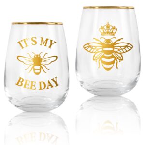whaline 17oz queen bee stemless wine glasses with gold rimmed 2pcs bee day drinking glasses summer tumbler cups bee party cups for bee party supplies kitchen decorations gifts