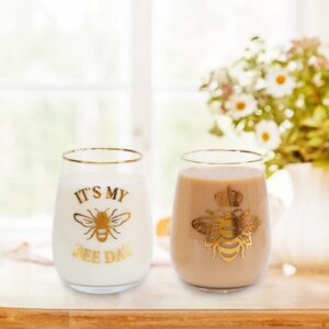 Whaline 17oz Queen Bee Stemless Wine Glasses with Gold Rimmed 2Pcs Bee Day Drinking Glasses Summer Tumbler Cups Bee Party Cups for Bee Party Supplies Kitchen Decorations Gifts