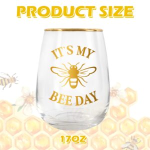 Whaline 17oz Queen Bee Stemless Wine Glasses with Gold Rimmed 2Pcs Bee Day Drinking Glasses Summer Tumbler Cups Bee Party Cups for Bee Party Supplies Kitchen Decorations Gifts