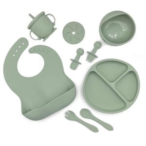 silicone feeding set, toddler plates bowls set with suction, self feeding spoons, plates for baby utensils, toddler feeding supplies