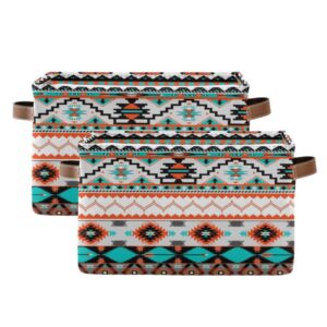 Ethnic Aztec Print Storage Basket Native American Storage Bin Collapsible Retro Tribal Navajo Large Storage Baskets with Leather Handles Storage Cube Box Organizer for Closet Toys Clothes Basket,1PC