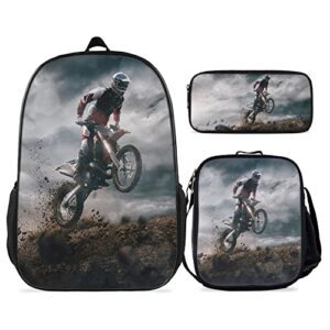 kxzoylm dirt bike backpack for kids cool motorcycle school backpacks 3 pieces set school bookbag with lunch bag and pencil case casual motorcycle vehicle shoulder bag for teen boys girls