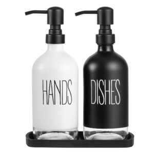 gaussra kitchen soap dispenser set with tray, hand and dish soap dispenser for kitchen sink, stainless steel pump, 16 oz glass soap dispenser bathroom, modern farmhouse kitchen decor (black white)