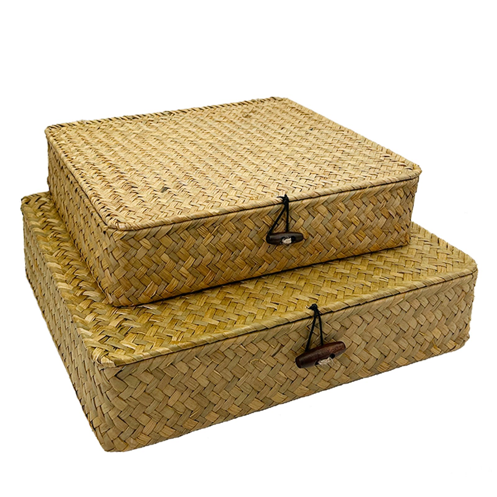 Tulshuk Seagrass Storage Bins with Lid Woven Wicker Baskets Organizer Flat Rattan Boxes for Home Shelves Decorative,Set of 2 (Small+Large)