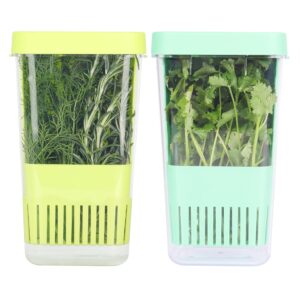 2 pack fresh herb keeper for refrigerator, clear bpa-free herb saver, storage container for cilantro, parsley, thyme, mint & asparagus, preserver keeps fresh herbs for 3 times longer, green & blue