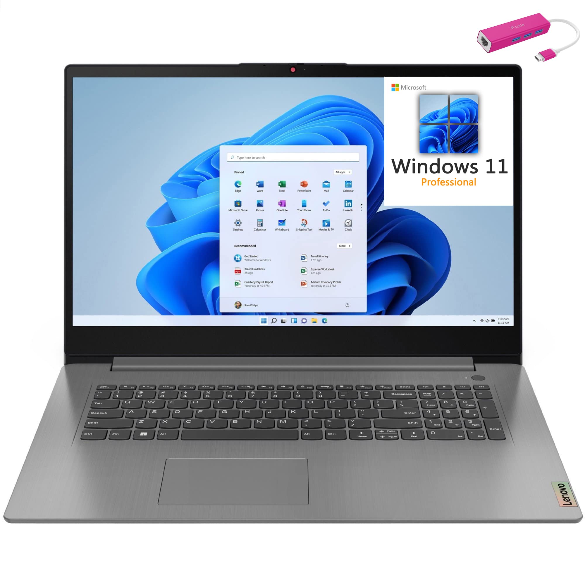 Lenovo 2023 IdeaPad 3 17 17.3" FHD Business Laptop, Hexa-Core AMD Ryzen 5 5625U (Beat i5-1235U), 16GB DDR4 RAM, 1TB PCIe SSD, WiFi 6, Fingerprint Reader, Bluetooth, Windows 11 Pro, iPuzzl Type-C HUB