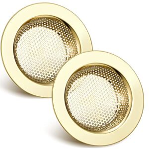 2 pcs sink strainer stainless steel sink drain basket cover mesh metal food catcher kitchen sink accessories for hair garbage, large wide rim of 4.4 diameter (gold,2mm dia hole style)