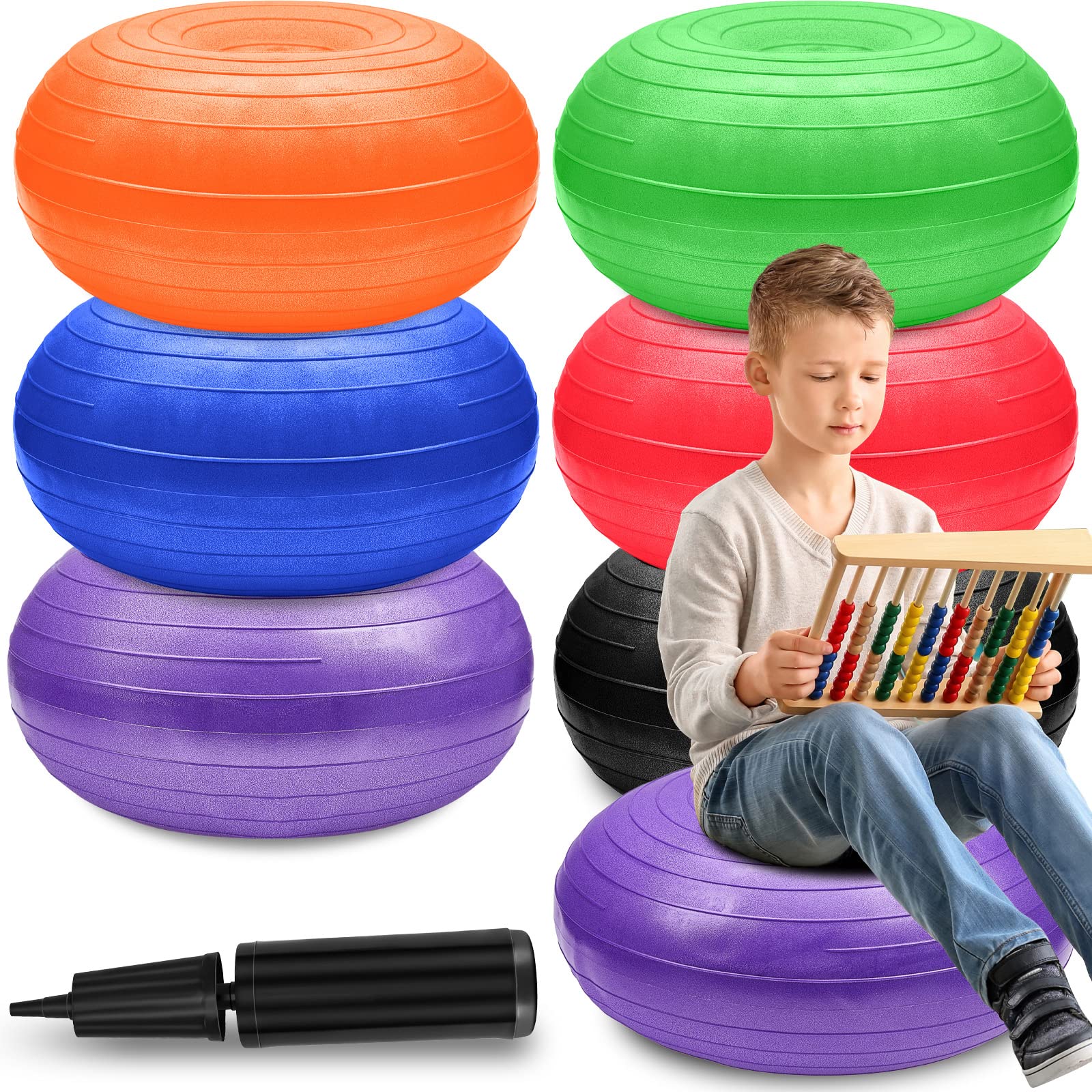 Lewtemi 6 Pieces Flexible Seating for Classroom Elementary Yoga Ball Chairs Wobble Seat for Kids Inflatable Donut Ball with Pump for Student Desk Chairs Exercise (Bright Color)