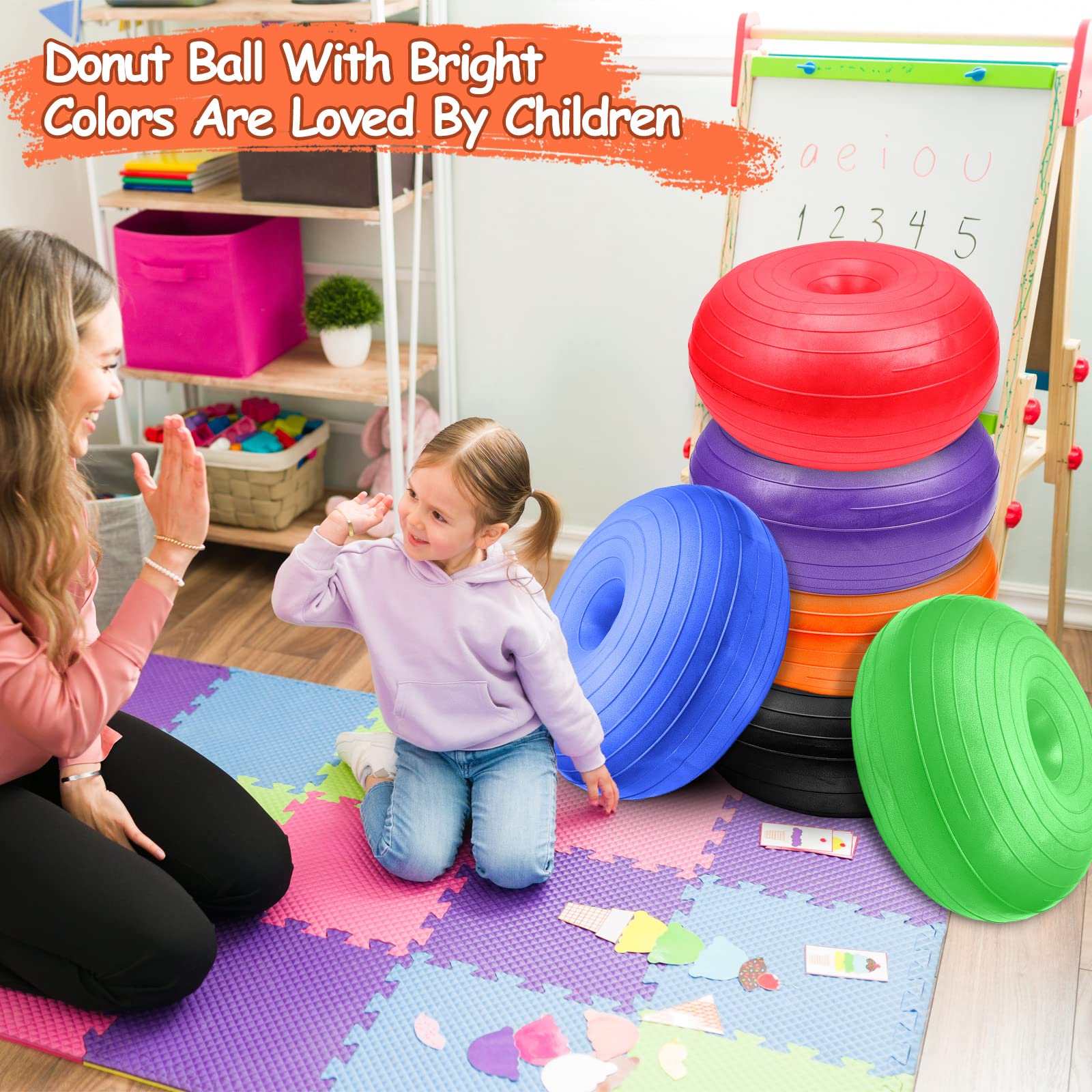 Lewtemi 6 Pieces Flexible Seating for Classroom Elementary Yoga Ball Chairs Wobble Seat for Kids Inflatable Donut Ball with Pump for Student Desk Chairs Exercise (Bright Color)