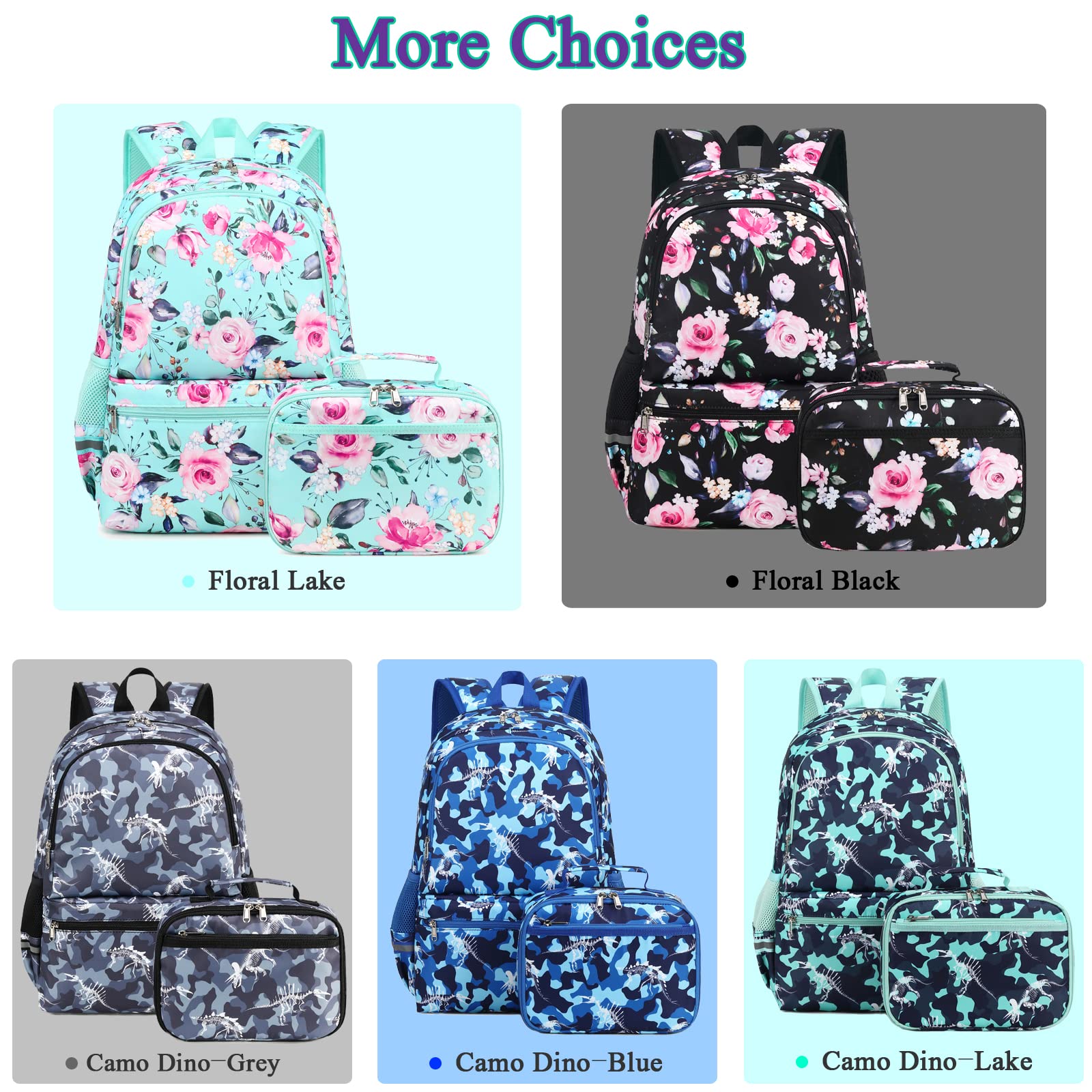 Octsky Backpack for Girls Kids Backpack Elementary Bookbags Teens Middle School Backpack with Lunch Box Water-repellent Lightweight Floral Lake