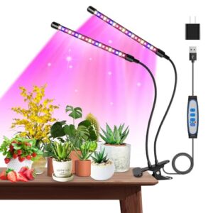 garpsen grow lights for indoor plants, grow light with red blue full spectrum, 2 heads clip 40 leds plant light for indoor plants, 3 switch modes & auto on/off, 6 12 16h timer, 5 dimmable levels