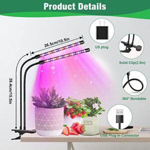 Garpsen Grow Lights for Indoor Plants, Grow Light with Red Blue Full Spectrum, 2 Heads Clip 40 LEDs Plant Light for Indoor Plants, 3 Switch Modes & Auto ON/Off, 6 12 16H Timer, 5 Dimmable Levels