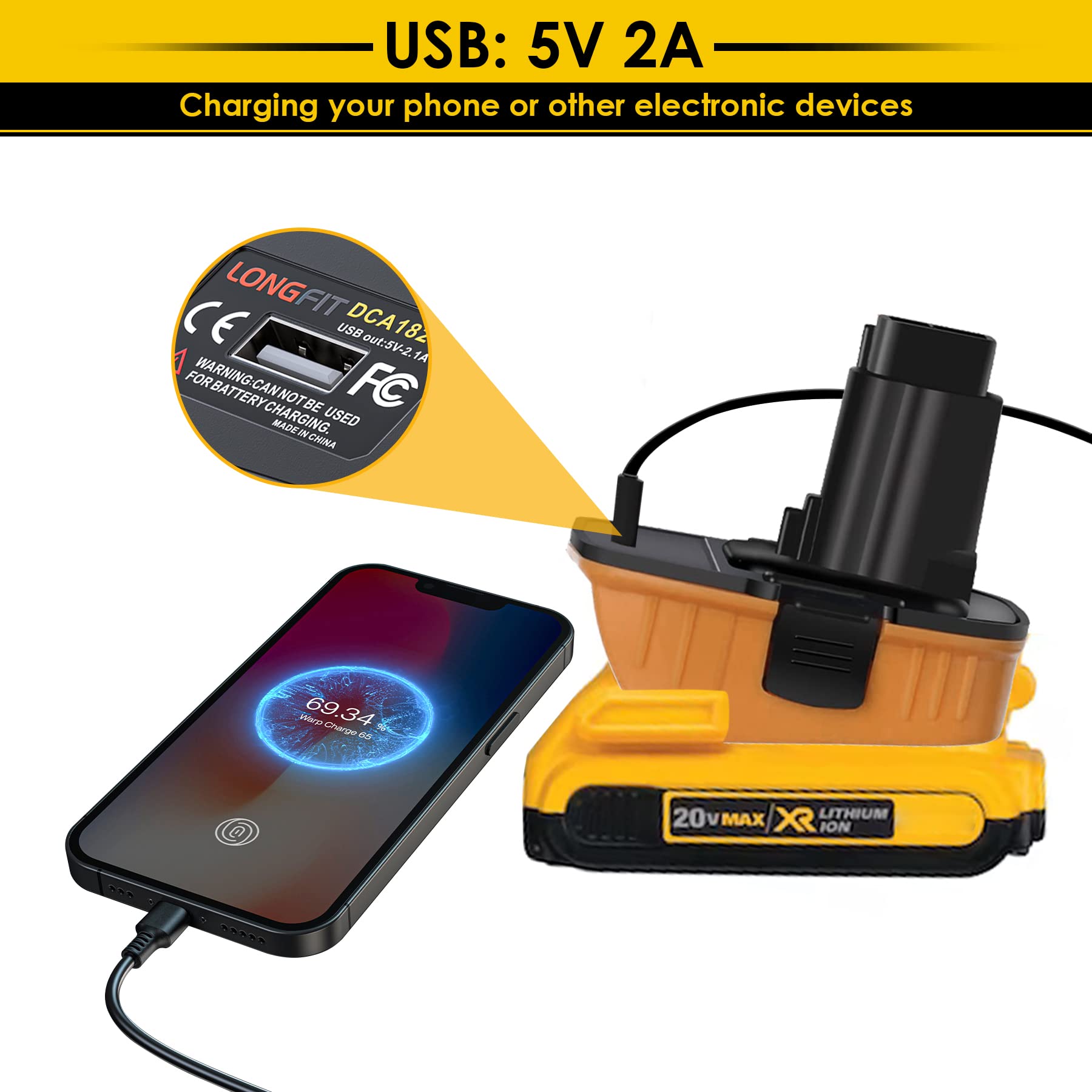 Replace for DeWalt Battery Adapter 18V to 20V DCA1820, Convert 20V Lithium Battery to 18V NiCad & NiMh Battery DC9096 DC9098 DC9099 DW9098 DW9096, with 5V USB Port, for Drills, Sanders and More