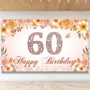 60th birthday decoration banner backdrop, happy 60th birthday decorations for women, 60 years old birthday party photo props pink floral, 60 birthday sign for outdoor indoor rose gold, fabric phxey