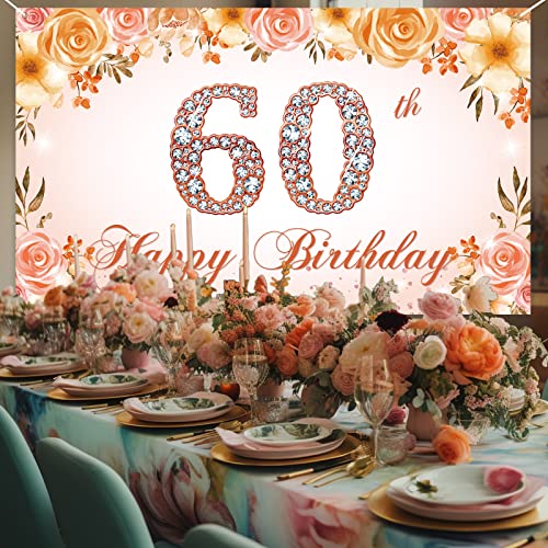 60th Birthday Decoration Banner Backdrop, Happy 60th Birthday Decorations for Women, 60 Years Old Birthday Party Photo Props Pink Floral, 60 Birthday Sign for Outdoor Indoor Rose Gold, Fabric PHXEY