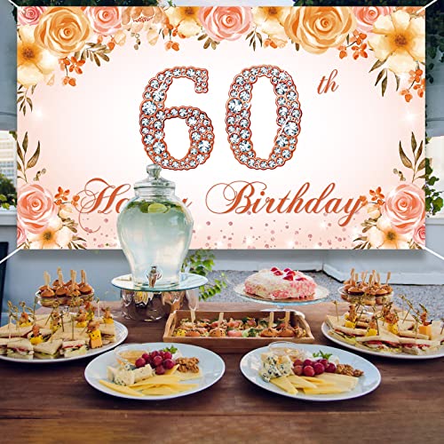 60th Birthday Decoration Banner Backdrop, Happy 60th Birthday Decorations for Women, 60 Years Old Birthday Party Photo Props Pink Floral, 60 Birthday Sign for Outdoor Indoor Rose Gold, Fabric PHXEY