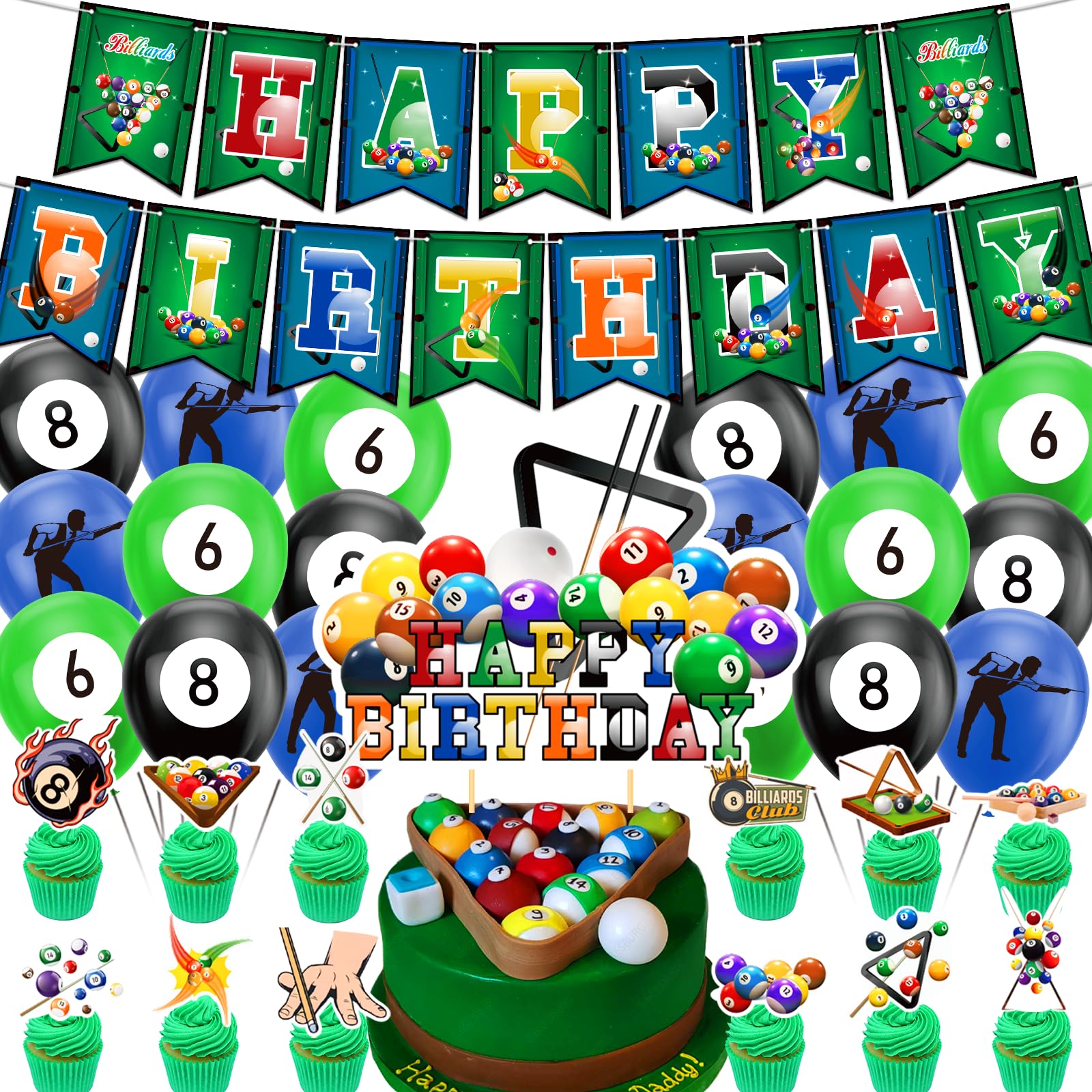 Billiards Party Decorations Billiards Birthday Party Supplies Includes Billiards Happy Birthday Banner, Cake Topper, Cupcake Toppers, Balloons for Billiards Theme Party Sports Party