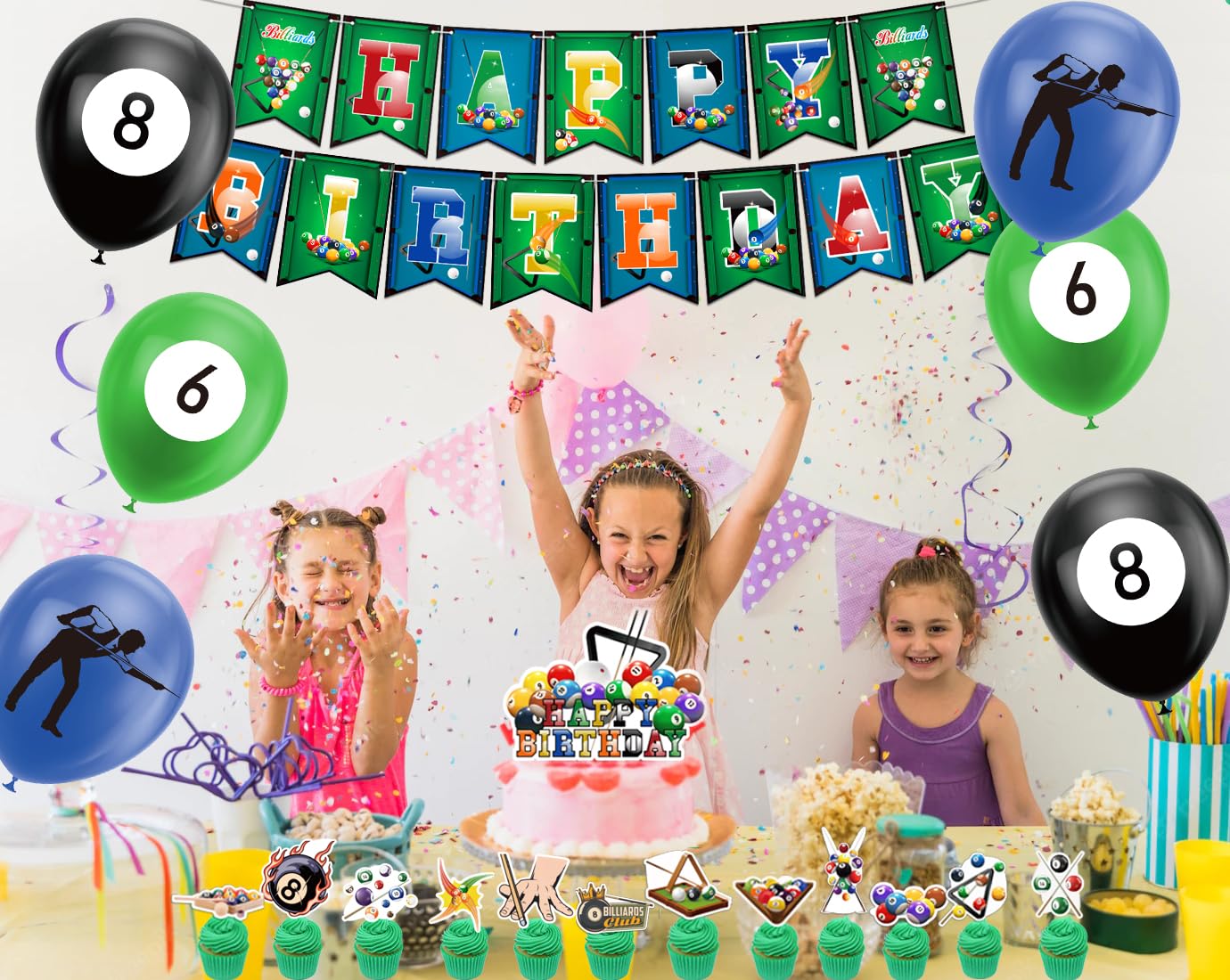 Billiards Party Decorations Billiards Birthday Party Supplies Includes Billiards Happy Birthday Banner, Cake Topper, Cupcake Toppers, Balloons for Billiards Theme Party Sports Party