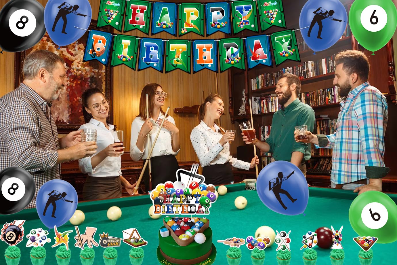 Billiards Party Decorations Billiards Birthday Party Supplies Includes Billiards Happy Birthday Banner, Cake Topper, Cupcake Toppers, Balloons for Billiards Theme Party Sports Party