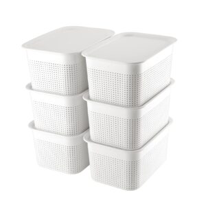 AREYZIN Set of 6 Lidded Plastic Storage Baskets + 6 Pack Clear Storage Bins with Bamboom Lids Freezer Organizer Bins Pantry Organization and Storage