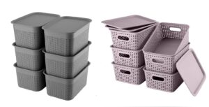 areyzin plastic storage bins with lid organizing container lidded knit storage basket organizer bins for shelves drawers desktop closet playroom classroom office, grey-purple