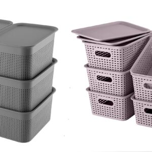 AREYZIN Plastic Storage Bins With Lid Organizing Container Lidded Knit Storage Basket Organizer Bins for Shelves Drawers Desktop Closet Playroom Classroom Office, Grey-Purple