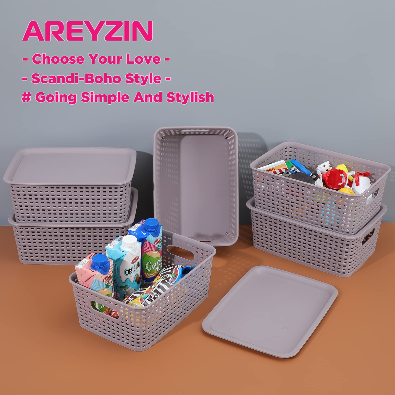 AREYZIN Plastic Storage Bins With Lid Organizing Container Lidded Knit Storage Basket Organizer Bins for Shelves Drawers Desktop Closet Playroom Classroom Office, Grey-Purple