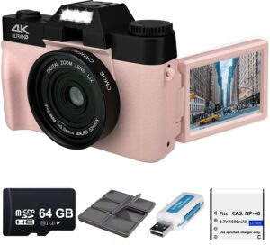 acuvar 4k 48mp digital camera for photography, vlogging camera for youtube with 3’’ 180° flip screen, wifi, 16x zoom, rechargeable battery, 64gb micro sd card, 6 pc card holder, usb card reader (pink)