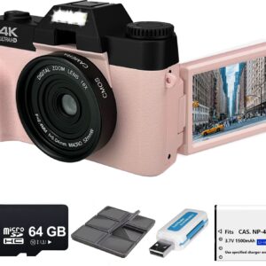 Acuvar 4K 48MP Digital Camera for Photography, Vlogging Camera for YouTube with 3’’ 180° Flip Screen, WiFi, 16X Zoom, Rechargeable Battery, 64GB Micro SD Card, 6 PC Card Holder, USB Card Reader (Pink)