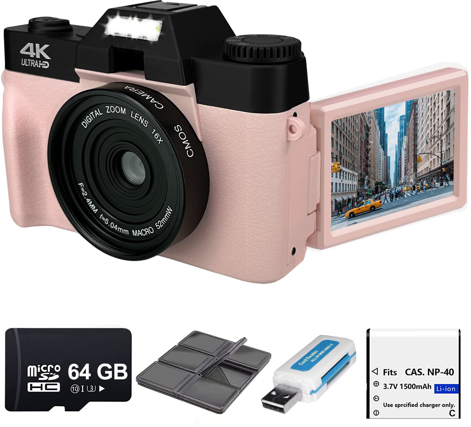 Acuvar 4K 48MP Digital Camera for Photography, Vlogging Camera for YouTube with 3’’ 180° Flip Screen, WiFi, 16X Zoom, Rechargeable Battery, 64GB Micro SD Card, 6 PC Card Holder, USB Card Reader (Pink)