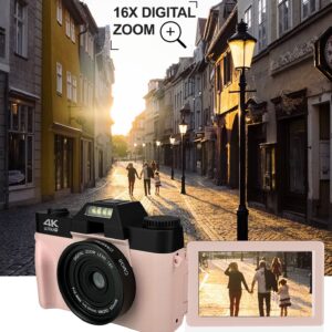 Acuvar 4K 48MP Digital Camera for Photography, Vlogging Camera for YouTube with 3’’ 180° Flip Screen, WiFi, 16X Zoom, Rechargeable Battery, 64GB Micro SD Card, 6 PC Card Holder, USB Card Reader (Pink)